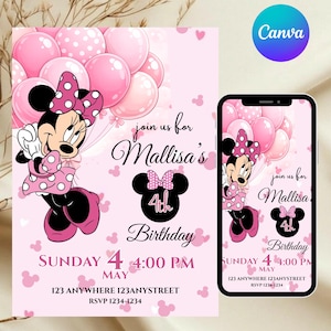 Editable Minnie Mouse Birthday Invitation, Pink Girl Party Invite, Kids Birthday Invite, Canva Template, DIY Texts, Instant Download