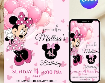 Editable Minnie Mouse Birthday Invitation, Pink Girl Party Invite, Kids Birthday Invite, Canva Template, DIY Texts, Instant Download