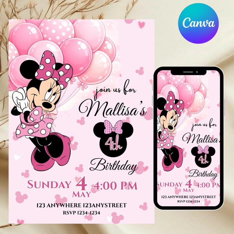 Editable Minnie Mouse Birthday Invitation, Pink Girl Party Invite, Kids ...