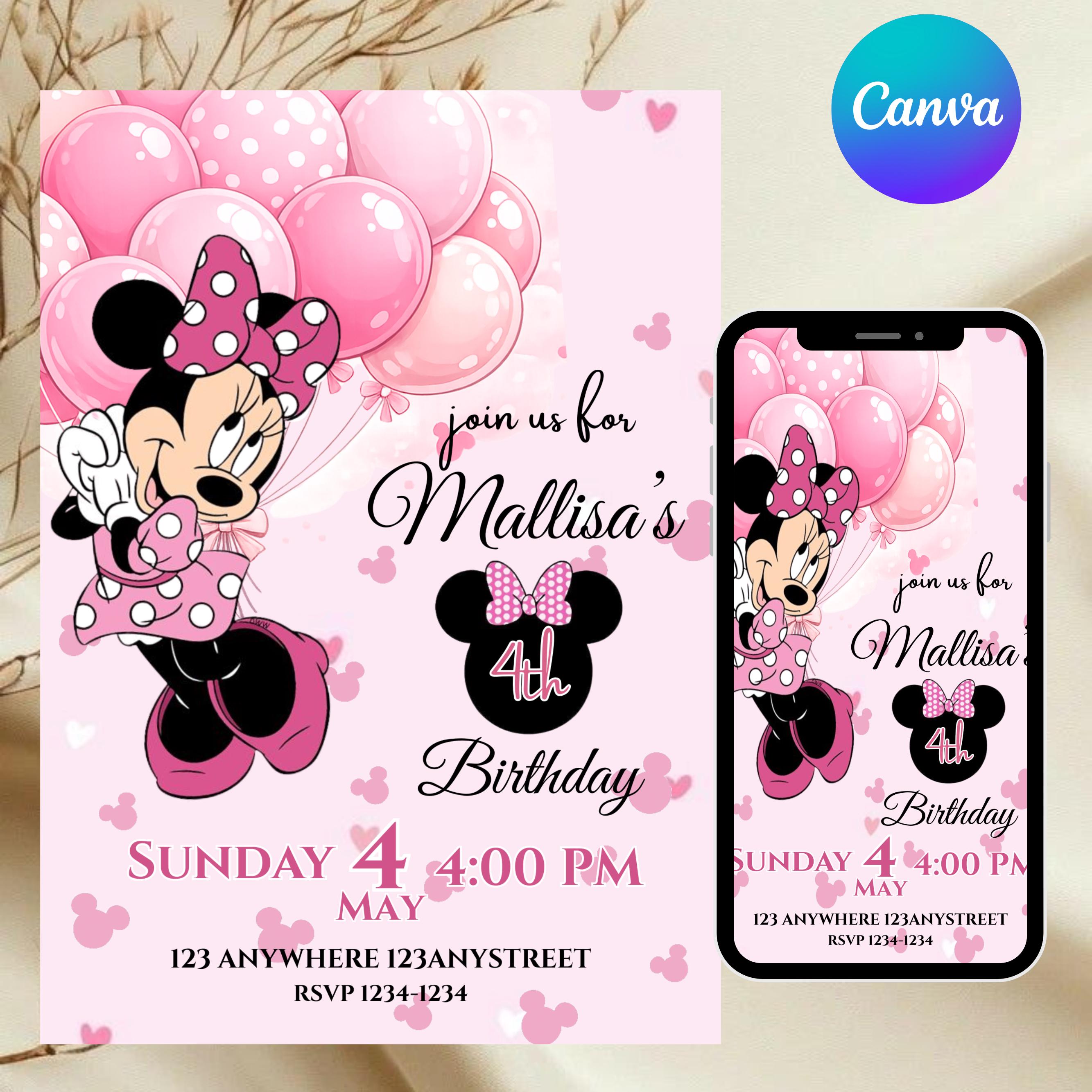 Editable Minnie Mouse Birthday Invitation, Pink Girl Party Invite, Kids ...