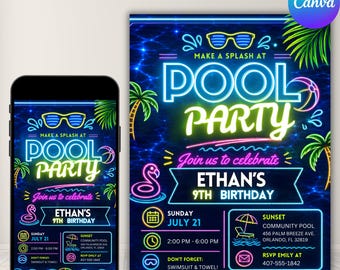 Pool Party Birthday Party Invitation Template, Hand Drawn Whimsical Swim Birthday Invite, Pink Bow Coquette Summer Birthday Pool Celebration