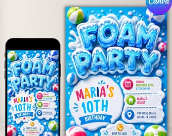Foam Party Invitation Template, Editable Bubble Birthday Invite, Custom Digital Download, Kids Summer Pool Party Invitation, Instant Access