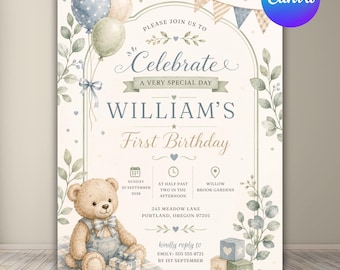 Teddy Bear First Birthday Invitation, Blue Bow Birthday Party Invite, Vintage Storybook Birthday Invitation, Editable Canva Template