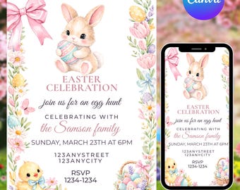 Easter Brunch Invitation, Easter Bunny Invite, Spring Floral Egg Hunt, Editable Canva Template, Easter Invite, DIY texts, Instant download