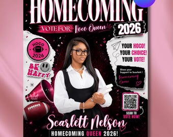 Homecoming Queen Flyer Template, HOCO Campaign Flyer, Magazine Style Homecoming Flyer, Class Campaign Canva Template, Instant Download