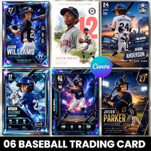 Könnte beinhalten: Eine Sammlung von sechs Baseball-Sammelkarten mit jungen Spielern in Uniform mit Schlägern, Helmen und Handschuhen. Jede Karte zeigt Spielernamen wie Jason Williams, Austin Carter, Jason Anderson, Mthan Martinez und Wilson Thompson.