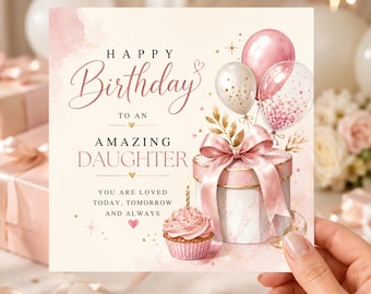 Daughter Birthday Wine Heart Balloon Card, Daughter Birthday Gift, Personalised Daughter Birthday Card, Cocktail Pink Birthday