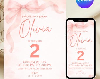 Pink Bow Birthday Invitation, Girl Party Invite, Coquette Birthday, 5x7 Printable, Editable Canva Template, DIY text, instant download