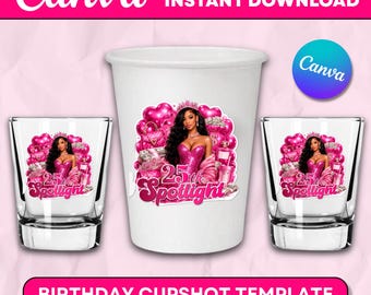 Pink Styrofoam Cup Sticker Template, Personalized Birthday Cup Wrap, Shot Glass Sticker, Canva Template, Party Favor Label, Instant Download