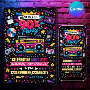 May include: A vibrant invitation for a 90s-themed party, featuring a boombox, cassette tapes, and a CD. The text reads "Back to the 90's Party" and includes event details. A smartphone displays the same design.