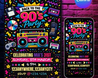 90s Birthday Invitation Template, Back to the 90s Party Invite, Editable Canva Retro Invite, DIY text, Instant download