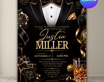 Luxury Black Suit Birthday Invitation, Gentlemen Tuxedo Theme Birthday Party Invite, Elegant Men’s Canva Template, Editable