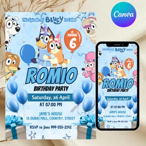 May include: A birthday party invitation featuring Bluey characters, balloons, and the name "ROMIO." The invitation includes the date, time, and location of the party, along with an RSVP contact. The design is on a light blue background.