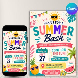 Summer Bash Invite Template, School's Out Pool Party Evite, Block Party Flyer, BBQ Cookout Canva , DIY Text, Instant Download