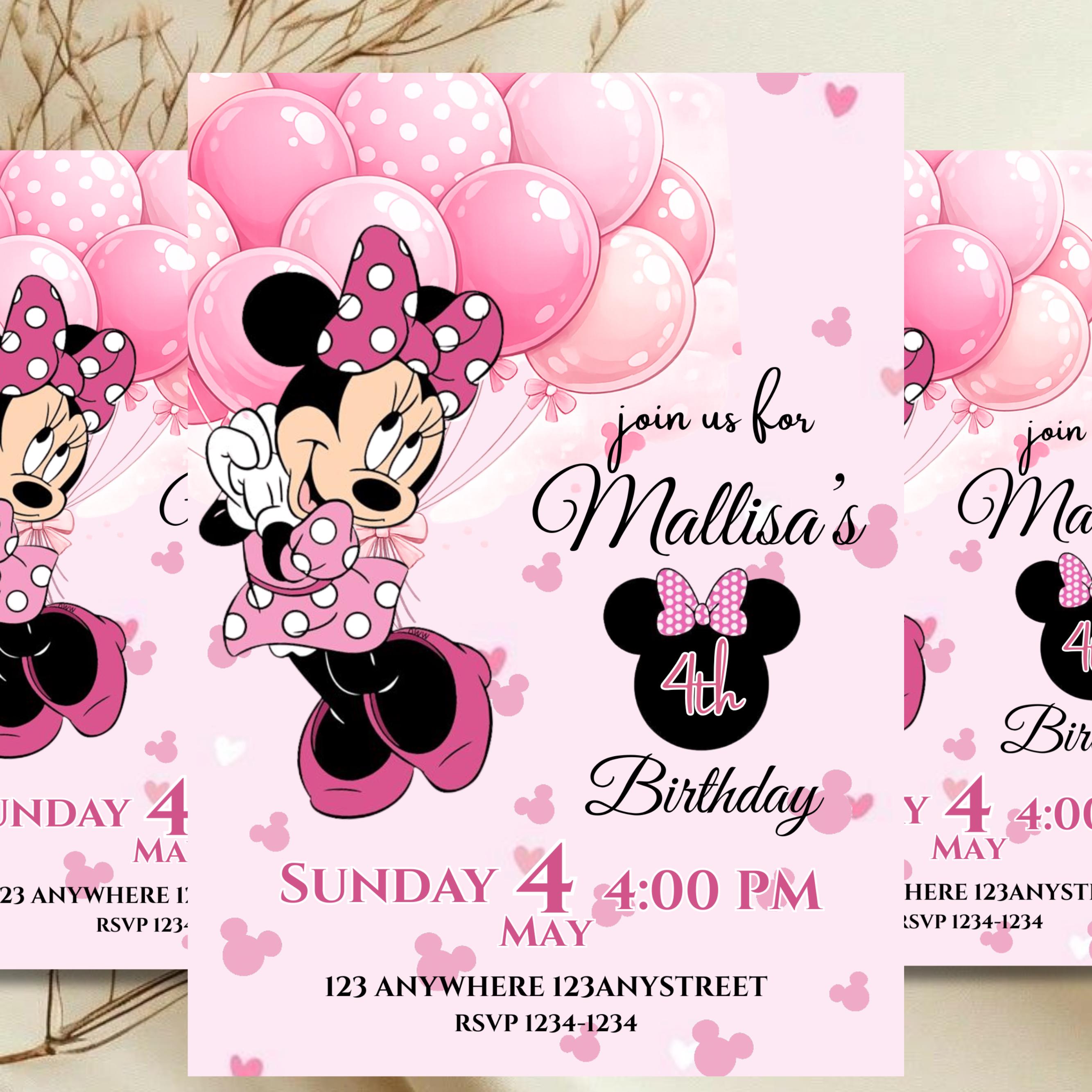 Editable Minnie Mouse Birthday Invitation, Pink Girl Party Invite, Kids ...