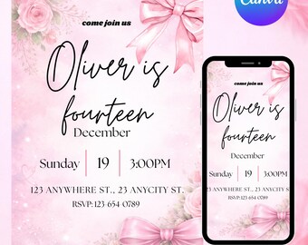 Pink Bow Coquette Birthday Invitation, 13th Birthday Girl Invite, Teen Party Invite, Editable Canva Template, DIY Text, Instant Download