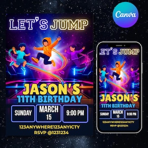 May include: A colourful birthday invitation with the text "LET'S JUMP" and "JASON'S 11TH BIRTHDAY." The design features cartoon figures jumping, with event details including the date, time, and RSVP information. The design is also displayed on a smartphone.
