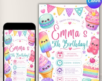 Kawaii Sweet Birthday Invitation Template, Cute Candy Party Invite, Editable Canva Kids Birthday Invitation, Digital Download