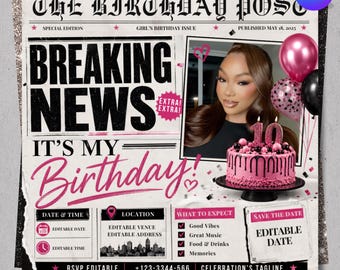 Silver Pink Newspaper Birthday Invitation Canva, Glam Birthday Party Invite, Digital Evite, Editable Social Media Flyer, Instant Download