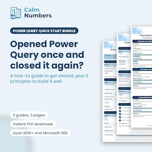 Może przedstawiać: Cyfrowy pakiet szybkiego startu Power Query zawierający trzy strony przewodników instruktażowych. Tekst zawiera napisy Calm Numbers, Power Query Quick Start Bundle, Opened Power Query once and closed it again? oraz Quick Reference Guide 06.