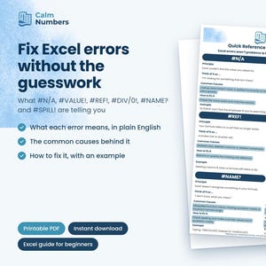 Può includere: Una guida di riferimento digitale intitolata Calm Numbers Quick Reference Guide 03 - Excel Errors. Il documento spiega i comuni errori di Excel come #N/A, #VALUE!, #REF!, #DIV/0!, #NAME? e #SPILL! con principi, cause e soluzioni.