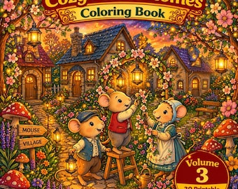 Cozy Mouse Coloring Book Printable PDF Vol 3, 30 Cute Mouse Village Scenes, Kawaii Animal Coloring Book