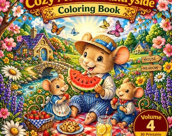 Cozy Mouse Countryside Coloring Book Printable PDF Vol 4, 30 Cute Meadow Scenes, Kawaii Animal Coloring Book
