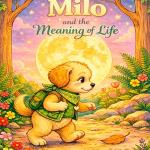 Puede incluir: Ilustración de libro infantil con un cachorro dorado llamado Milo, con chaleco y mochila verdes, caminando por un sendero. El título "Milo and the Meaning of Life" se muestra sobre el cachorro, con una luna llena de fondo.