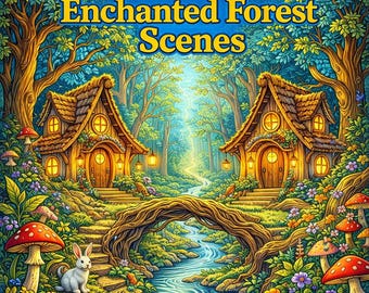 Magical Fantasy Coloring Pages – Enchanted Forest Scenes Printable PNG – Cozy Fantasy Coloring Book for Adults and Kids