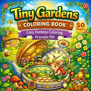Puede incluir: Ilustración colorida de un libro para colorear titulado "Tiny Gardens Coloring Book". La portada presenta una escena caprichosa con un personaje de ratón, un reloj de bolsillo y un entorno de jardín de fantasía acogedor. El libro está etiquetado como "Cozy Fantasy Coloring Printable PDF" con 50 páginas.
