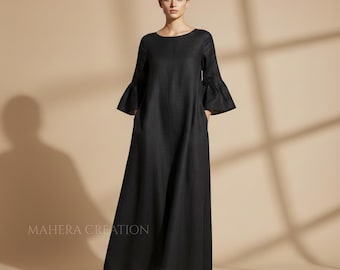 ann taylor long black dress 90's Linen Maxi a clean neckline and