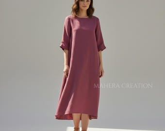 Handmade Linen Midi Dress, 3/4 Sleeve Loose Fit Boho Style