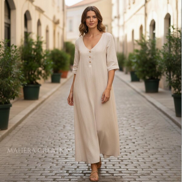 Linen Maxi Dress, V Neck Button Front Kaftan, Minimalist Summer Resort Wear