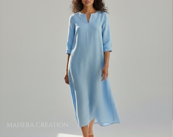 Linen Midi Dress Women, 3/4 Sleeve Minimalist A-Line, Loose Summer Outfit