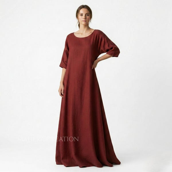 Terracotta Linen Abaya Dress, Modest Long Sleeve Kaftan Maxi Oversized Linen Loungewear