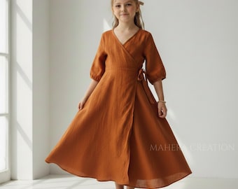 Linnen maxi-jurk met overslag, roestkleurige lange mouw a-lijn, bescheiden bloemenmeisjesoutfit