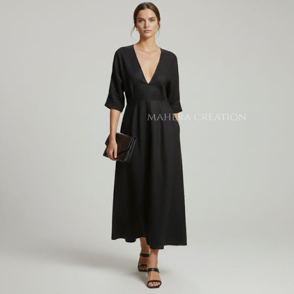 Black Linen Maxi Dress, Deep V Neck, 3/4 Sleeve, Formal Outfit