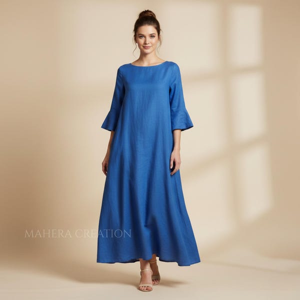 Royal Blue Linen Maxi Dress, Elegant Evening Kaftan, Modest Designer Gown