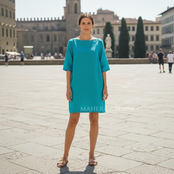 knee length travel dress Turquoise Linen Shift Dress, Tunic, 3/4 Sleeve above the knee dress