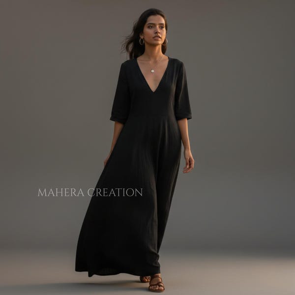 Black Linen Maxi Dress, Minimalist V-Neck 3/4 Sleeve Dress