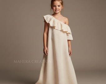 Vestido largo de lino con un solo hombro para niña, estilo bohemio con volantes para boda