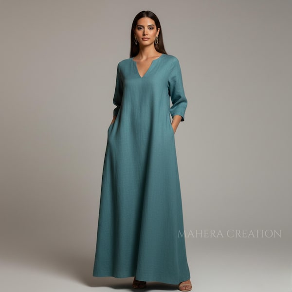 Elegant Linen Maxi Dress, V-Neck Long Sleeve A-Line Kaftan with Pockets