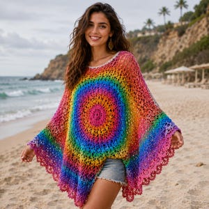 Rainbow Mandala Crochet Poncho Pattern PDF | Boho Lace Shawl Tutorial (Digital Download)