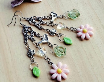 Boho Floral Resin Daisy Earrings, Czech Glass Leaves, Butterflies, Spring Garden Dangle
