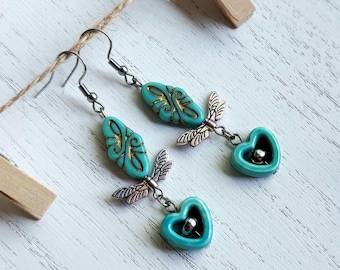 Turquoise Dragonfly Heart Earrings, Czech Glass Beads, Ceramic Heart Dangle, Boho Statement Earrings, Handmade Gift for Her