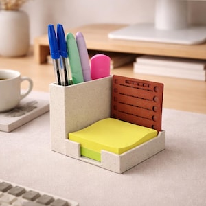 Puede incluir: Un organizador de escritorio beige con compartimentos para bolígrafos, notas adhesivas y un pequeño bloc de notas. El organizador contiene bolígrafos azules, verdes y morados, un resaltador rosa y una pila de notas adhesivas amarillas. También se incluye un bloc de notas marrón.