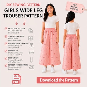 Puede incluir: Un patrón de costura DIY para pantalones de pierna ancha para niñas. El patrón incluye múltiples tallas, instrucciones paso a paso y un diseño cómodo y elegante con cintura elástica. Los pantalones largos son perfectos para principiantes. El texto "Download the Pattern" también está incluido.