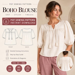 Women Relaxed Fit Blouse Sewing Pattern PDF, Boho Peasant Top, Tie Neck Puff Sleeve Shirt, Loose Fit Blouse, Beginner Friendly, XS-3XL