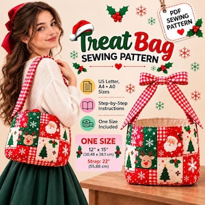 May include: A PDF sewing pattern for a Christmas treat bag featuring a patchwork design with Santa, reindeer, and trees. The finished bag measures 12 inches by 15 inches with a 22-inch strap. Includes US Letter, A4, and A0 size options.