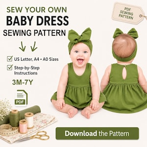 Può includere: Un bambino con un vestito e una fascia verdi, con un fiocco abbinato. L'immagine mostra un modello di cucito per un vestito da bambino, con il testo "Sew Your Own Baby Dress Sewing Pattern". Il modello include istruzioni passo passo ed è disponibile nei formati US Letter, A4 e A0.